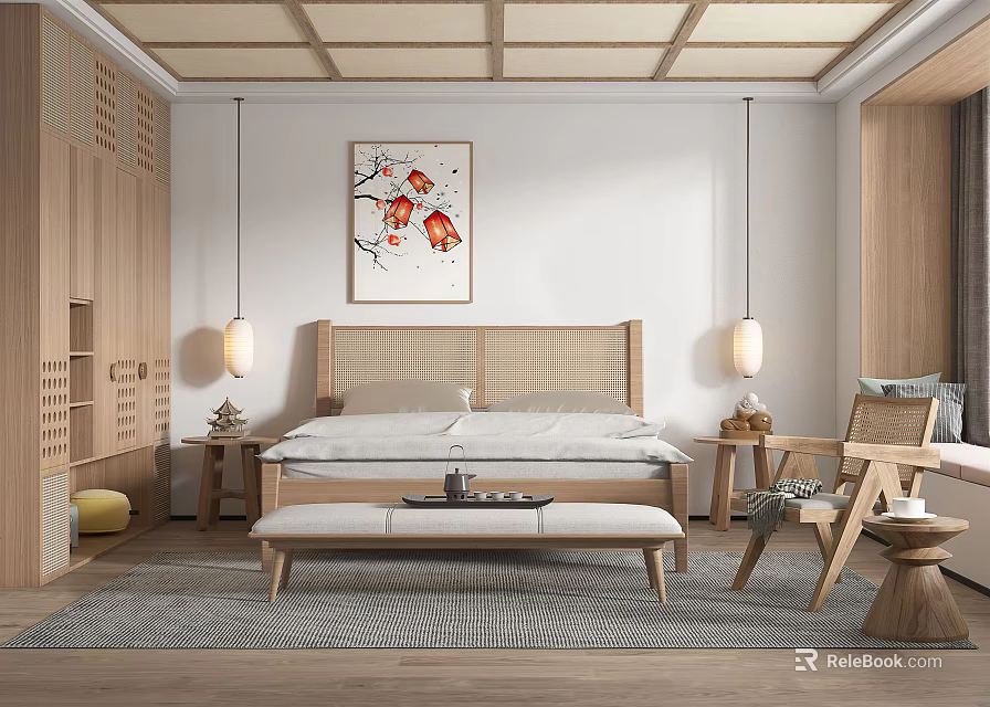 Japanese Style Bedroom Interior With Rattan Headboard Wooden Furniture Hanging Lights And Wall Art 3d model 