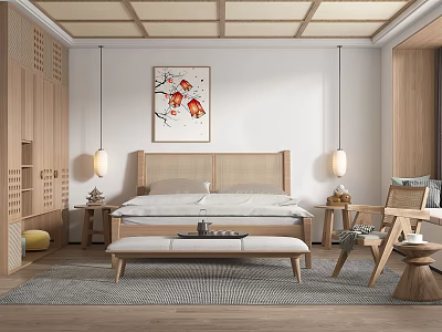 Japanese Style Bedroom Interior With Rattan Headboard Wooden Furniture Hanging Lights And Wall Art 3d model