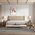 Japanese Style Bedroom Interior With Rattan Headboard Wooden Furniture Hanging Lights And Wall Art