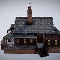 Cartoon Scene Charming Brick House With Wooden Frame Chimney Porch And Stairs