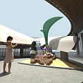 Art Installation With Panda Sculpture Green Leaf Structure Plants And Flowers On Paved Ground