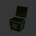 Building Exterior Green Rusty Trash Can With Open Lid White Sticker And Wheels