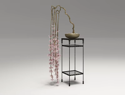 Black Metal Two Tiered Plant Stand With Hanging Pink Flowers And Ceramic Pot 3d model