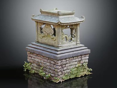 Traditional Chinese Pavilion With Intricate Carvings On Brick Stone Base And Green Plants 3d model
