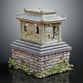 Traditional Chinese Pavilion With Intricate Carvings On Brick Stone Base And Green Plants