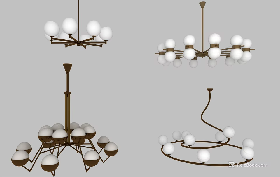 Modern Chandelier Designs Featuring Spherical Bulbs And Metal Frames In Various Styles 3d model 
