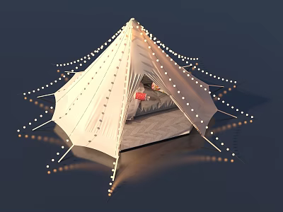 Cozy White Decorative Tent With String Lights And Comfortable Bed Interior 3d model