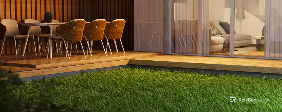 Outdoor Wooden Deck Area With Chairs And Green Lawn Near Indoor Space 3d model 