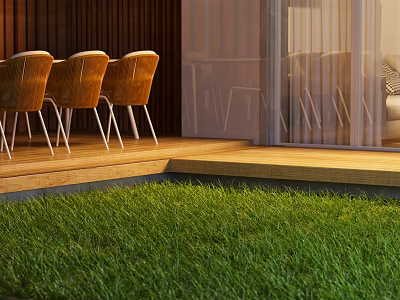 Outdoor Wooden Deck Area With Chairs And Green Lawn Near Indoor Space 3d model