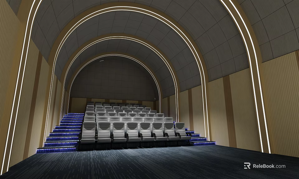 Modern Cinema Interior With Arched Ceiling Comfortable Seats Blue Steps and Ambient Lighting 3d model 