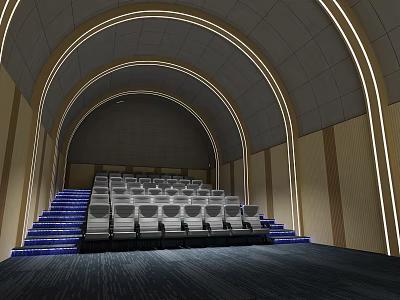 Modern Cinema Interior With Arched Ceiling Comfortable Seats Blue Steps and Ambient Lighting 3d model