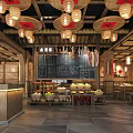 Traditional Chinese Restaurant With Hanging Lanterns Bamboo Decor Menu Board And Fruit Food Displays