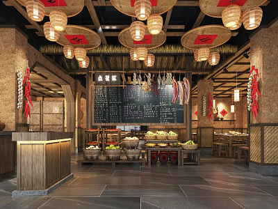 Traditional Chinese Restaurant With Hanging Lanterns Bamboo Decor Menu Board And Fruit Food Displays 3d model