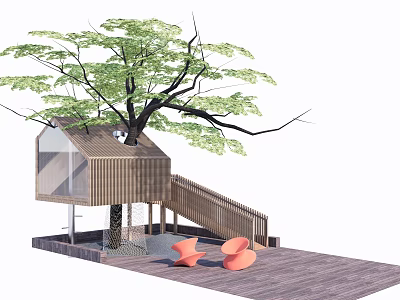 Cozy Wooden Tree House Structure With Staircase And Orange Chairs On Deck 3d model