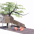 Cozy Wooden Tree House Structure With Staircase And Orange Chairs On Deck