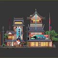 Traditional Japanese Multi story Building Model with Red Structure and Decorative Elements