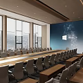 Modern Conference Room With Large Screen White Chairs Long Meeting Table And Wooden Walls