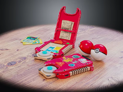 Red Open Handheld Game Console With Case Game Cards And Spherical Toy On Wooden Table 3d model