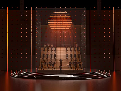 Stage Performance Scene Featuring Circular Stage Stepped Performer Arrangement Dynamic Lighting And Illuminated Lines 3d model