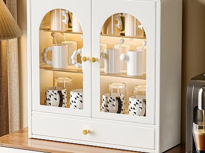 White Display Cabinet With Glass Doors Showcasing Decorative Mugs And Ornament Sets 3d model