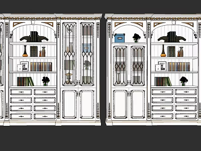 Traditional Wooden Bookcase With Glass Doors Carved Details Drawers And Decorative Shelves 3d model