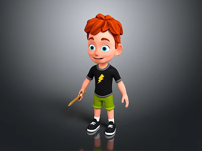 3D Cartoon Boy With Red Hair Wearing Black T Shirt Green Shorts Holding Stick 3d model