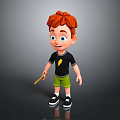 3D Cartoon Boy With Red Hair Wearing Black T Shirt Green Shorts Holding Stick