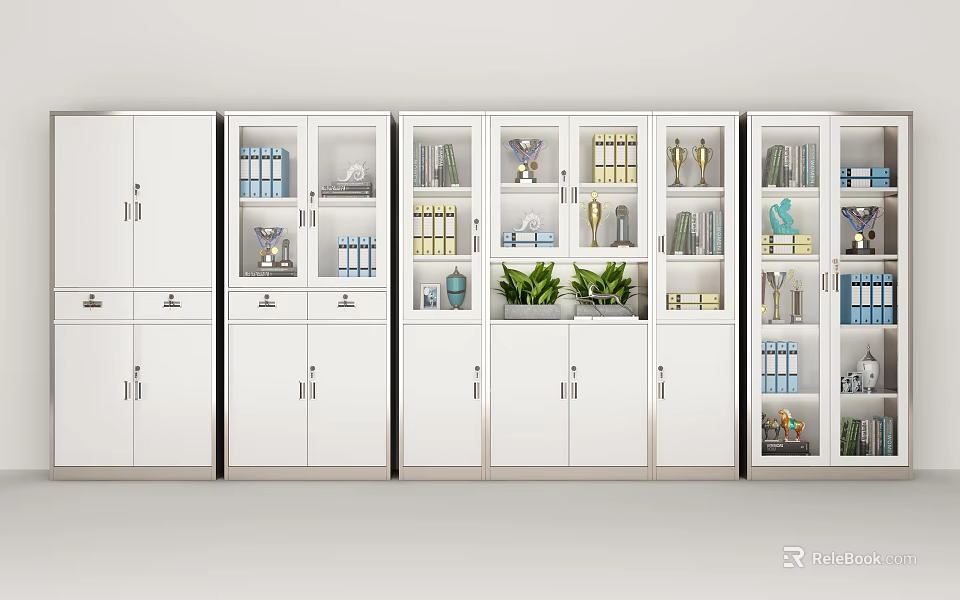 Modern White Modular Bookcase With Glass Doors Shelves Books Decorative Items And Green Plants 3d model 
