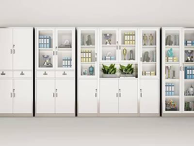 Modern White Modular Bookcase With Glass Doors Shelves Books Decorative Items And Green Plants 3d model
