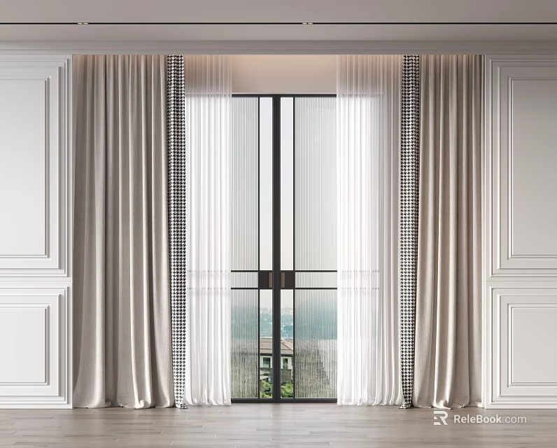 Elegant Light Sheer And Solid Curtains For Floor To Ceiling Windows With White Paneled Walls 3d model 