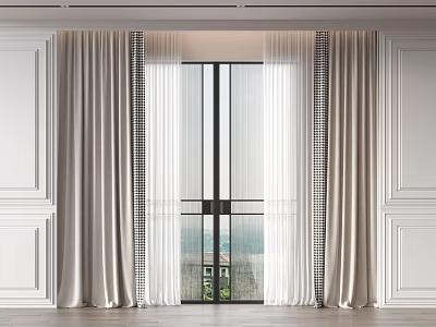 Elegant Light Sheer And Solid Curtains For Floor To Ceiling Windows With White Paneled Walls 3d model