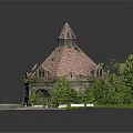 Cartoon Style Scenic Structure With Pointed Red Roof Green Trees Grass Lawn And Pathway