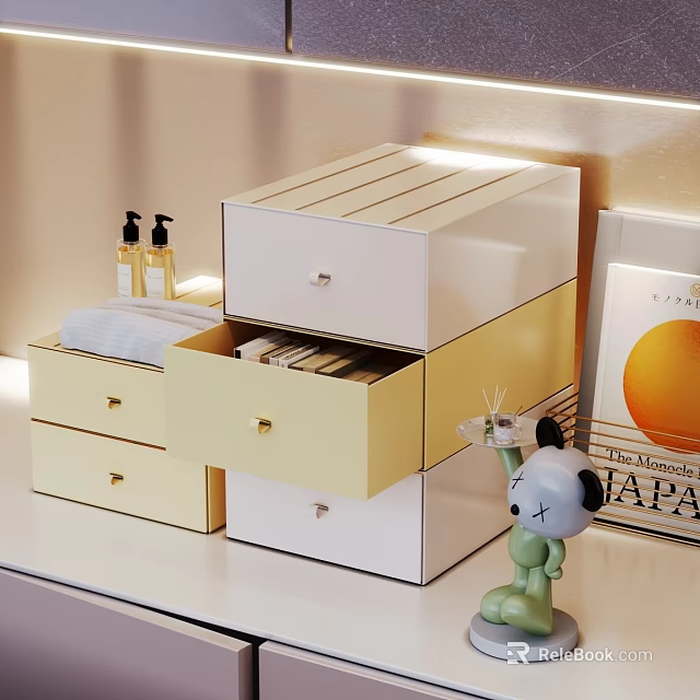 Stylish Storage Drawer Cabinet White And Yellow With Open Drawers For Home Organization 3d model 