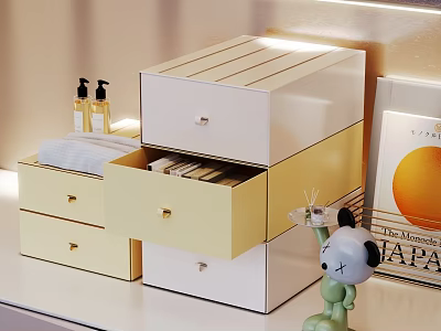 Stylish Storage Drawer Cabinet White And Yellow With Open Drawers For Home Organization 3d model