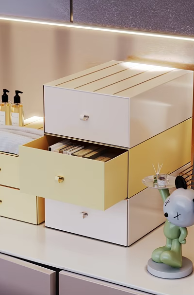 Stylish Storage Drawer Cabinet White And Yellow With Open Drawers For Home Organization 3d model