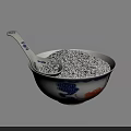Gray Granular Food Filled In Blue And White Patterned Bowl With Chinese Traditional Spoon