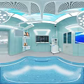 Modern Operating Room Interior With Blue Walls Surgical Table Lights And Medical Screens