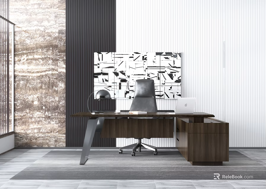 Modern Wooden Office Desk Featuring Ergonomic Chair Laptop Abstract Wall Art And Textured Wall 3d model 