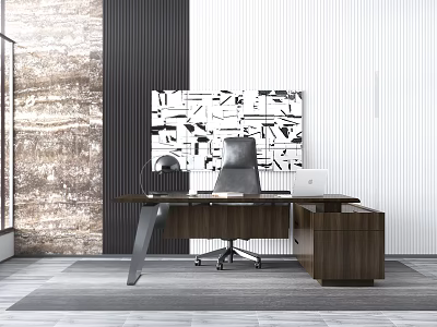 Modern Wooden Office Desk Featuring Ergonomic Chair Laptop Abstract Wall Art And Textured Wall 3d model