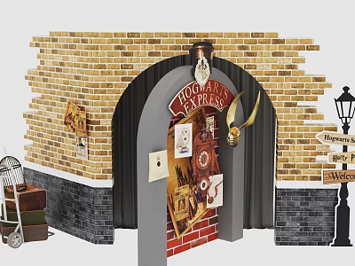 Magical Check-in Photo Spot With Brick Wall Archway Flourish Blotts Sign And Vintage Suitcase 3d model