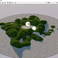 Garden Ornament With Circular Gray Ground Green Irregular Shrubs And White Spherical Objects In Center