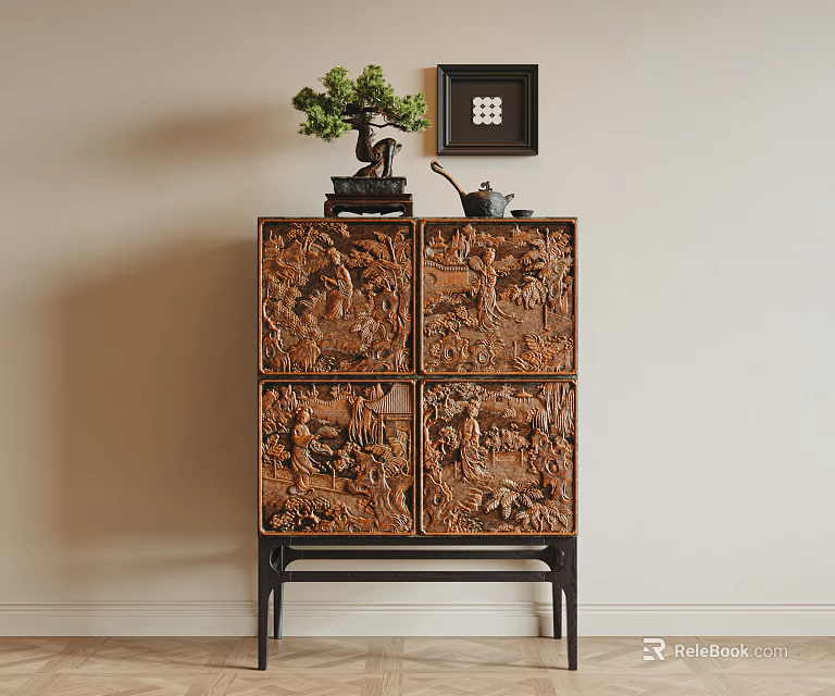 Traditional Carved Wooden Entryway Console Cabinet With Potted Plant And Framed Artwork 3d model 