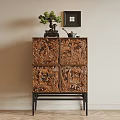 Traditional Carved Wooden Entryway Console Cabinet With Potted Plant And Framed Artwork