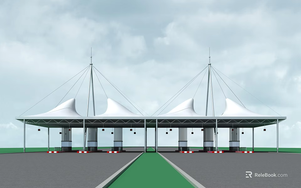 Toll Station Featuring White Membrane Canopy Multiple Toll Booths And Green Lane 3d model 