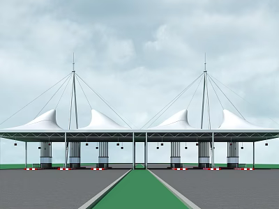 Toll Station Featuring White Membrane Canopy Multiple Toll Booths And Green Lane 3d model