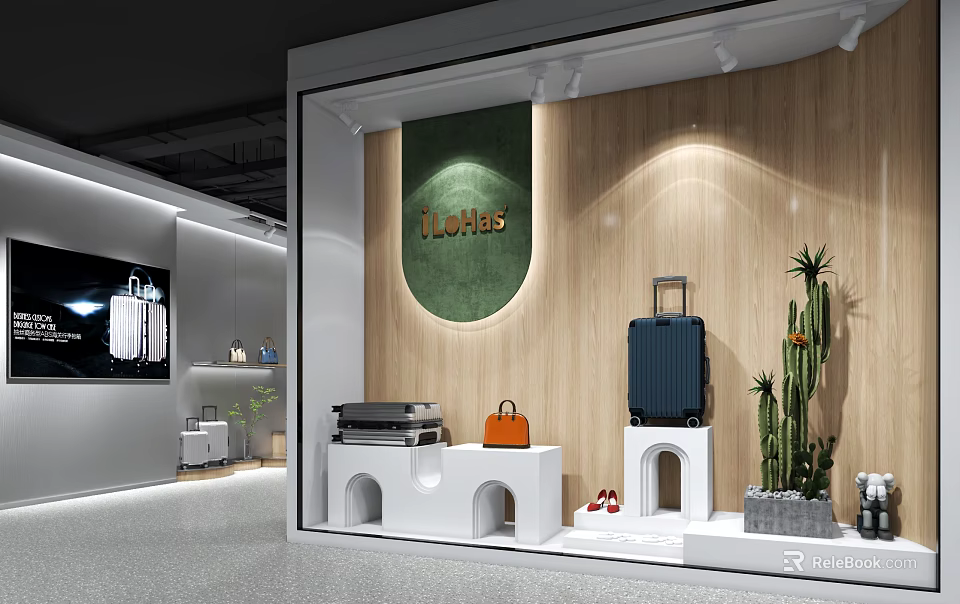 TITELIAS Modern Store with Wooden Walls Green Circular Decor Luggage Orange Handbag Shoes and Cactus 3d model 