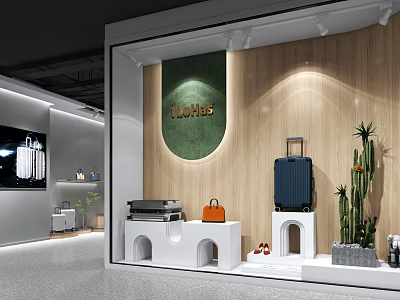 TITELIAS Modern Store with Wooden Walls Green Circular Decor Luggage Orange Handbag Shoes and Cactus 3d model