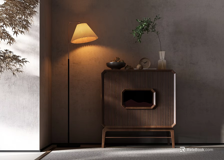 Modern Wooden Entryway Cabinet Sideboard With Floor Lamp Green Plant And Warm Lighting 3d model 