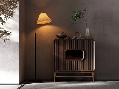 Modern Wooden Entryway Cabinet Sideboard With Floor Lamp Green Plant And Warm Lighting 3d model