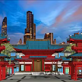 Traditional Red Ancient Building Featuring Blue Roof Against Modern Skyscrapers And Palm Trees